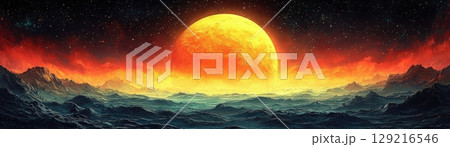 Majestic Sunset Over a Surreal Landscape with Fiery Colors and Ethereal Atmosphere 129216546