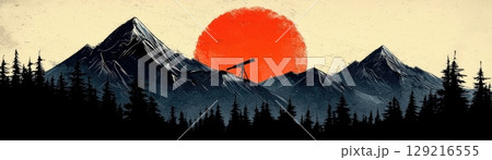 Sunset Landscape with Telescope in Mountains and Forests Under a Bright Red Sky 129216555