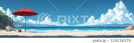 Serene Beach Scene with Red Umbrella and Vibrant Blue Sky under Fluffy White Clouds 129216579