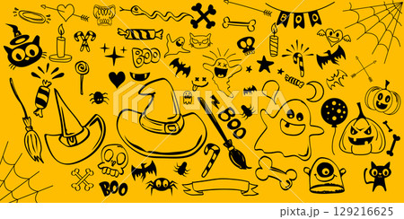 Hand drawn black Halloween doddles set isolated on orange background. Doodle halloween pattern seamless banner and poster design. Big halloween design elements set Hand drawn black Halloween doddles set isolated on orange background. Doodle halloween pattern seamless banner and poster design. Big halloween design elements set 129216625