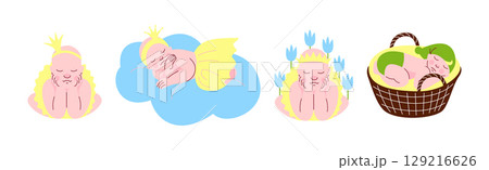 Cute Sleeping Newborn Baby Cuddle and Curled Vector Set 129216626
