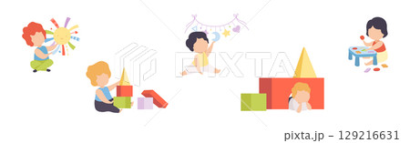 Baby Boy Playing Toys in Nursery Vector Set Baby Boy Playing Toys in Nursery Vector Set 129216631