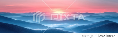 Serene Sunrise Over Misty Mountains with Gentle Pastel Hues and Tranquil Landscape View Serene Sunrise Over Misty Mountains with Gentle Pastel Hues and Tranquil Landscape View 129216647