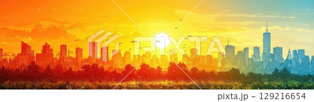 Vibrant City Skyline at Sunset with Warm Colors Over Silhouetted Buildings and Nature 129216654