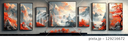 Stunning Montage of Serene Mountain Landscape with Vibrant Autumn Trees and Dreamy Atmosphere 129216672