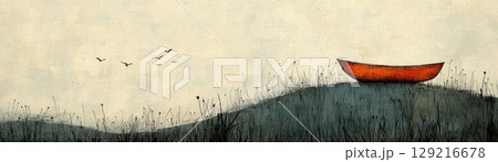 Scenic Red Boat on Hill Surrounded by Gentle Grass and Flock of Birds in Soft Earthy Tones Scenic Red Boat on Hill Surrounded by Gentle Grass and Flock of Birds in Soft Earthy Tones 129216678