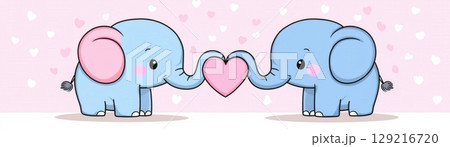 Cute Cartoon Elephants Sharing a Heart on a Soft Pink Background With Heart Shapes Floating Around 129216720