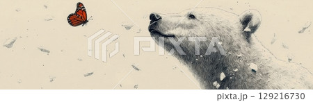 Polar Bear Gazing at Colorful Butterfly in Dreamy Snowy Landscape with Dramatic Soft Focus 129216730