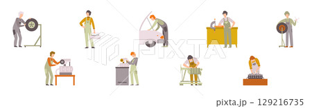 Car Service Man Worker Character Repair and Fix Engine Vector Set Car Service Man Worker Character Repair and Fix Engine Vector Set 129216735