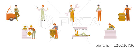 Car Service Man Worker Character Repair and Fix Engine Vector Set Car Service Man Worker Character Repair and Fix Engine Vector Set 129216736