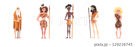 Primitive People Character from Stone Age and African Aboriginal Vector Set 129216745