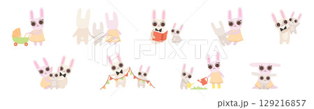 Lovely Bunny Family with Mom, Dad and Baby Vector Set 129216857