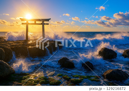 海の鳥居と神磯　大洗磯前神社 129216872