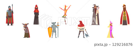 Medieval People Character in Standing Pose Vector Illustration Set 129216876