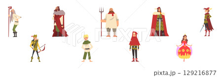 Medieval People Character in Standing Pose Vector Illustration Set 129216877