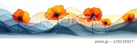Vibrant Orange Flowers in Soft Pastel Waves with Ethereal Backgrounds and Flowing Textures 129216927