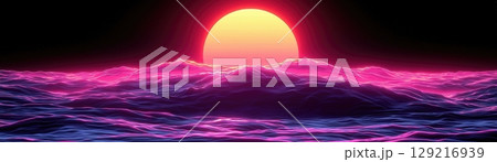 Vibrant Sunset over Colorful Ocean Waves in Neon Style with a Dramatic Horizon and Glow 129216939