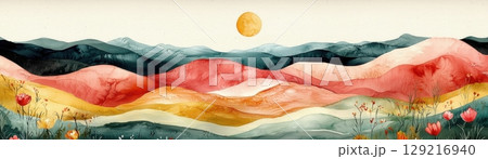 Serene Watercolor Landscape with Warm Colors and Blooming Flowers in Artistic Style 129216940