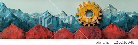 Colorful Mountain Landscape with Gear Element Symbolizing Industry and Nature Harmony 129216949