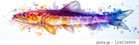Vibrant Watercolor Illustration of a Colorful Fish with Splash of Paint in Artistic Style 129216959
