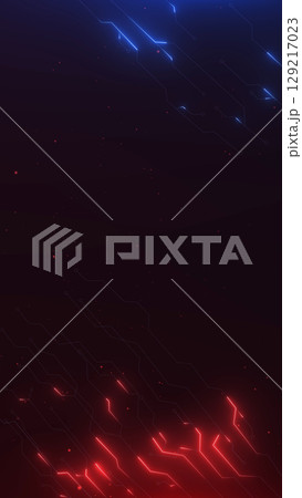 Vertical futuristic circuit board with glowing red and blue neon lines on dark background. High-tech digital background with cyber particles and abstract technology design. Vertical futuristic circuit board with glowing red and blue neon lines on dark background. High-tech digital background with cyber particles and abstract technology design. 129217023