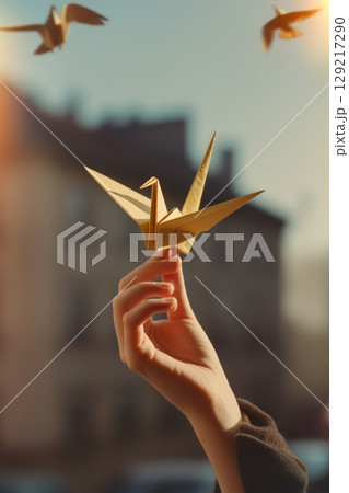 A hand holding a paper crane 129217290