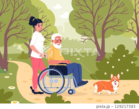 Elderly man in city park. Nurse with disability person on walk, volunteer pushes wheelchair with disabled person, grandfather walking with cute dog, cartoon isolated classy vector concept 129217383