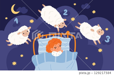 Good night kid. Little cute boy counts lambs to fall asleep, curly funny sheep jump over fence, remedy for insomnia. Bedtime children cartoon flat style isolated garish vector concept 129217384