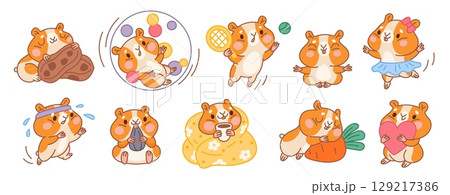 Kawaii hamster characters. Funny cartoon animal, little pet with big cheeks, fluffy domestic rodents, cute kids mascot, adorable character eating, playing different gestures garish vector set 129217386