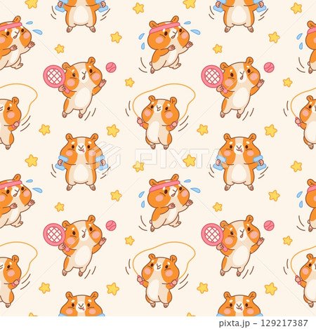 Kawaii hamster seamless pattern. Cute sporty animal, funny little pet character, healthy lifestyle, chubby mascot textile, wrapping paper, wallpaper. Print for fabric, garish vector background 129217387