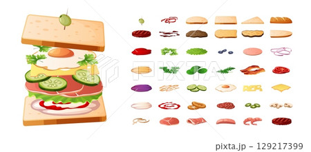 Sandwich constructor. Different tasty snack ingredients, sliced vegetables, egg, bacon, fresh greens and cheese between toasts, menu assortment cartoon flat style isolated tidy vector set Sandwich constructor. Different tasty snack ingredients, sliced vegetables, egg, bacon, fresh greens and cheese between toasts, menu assortment cartoon flat style isolated tidy vector set 129217399