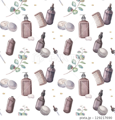 Seamless pattern, spray, oil vial, pipette, drops, dispenser, foam, tin jar, comb, eucalyptus. Hand-painted watercolor of hair, skin care products isolated on white for printing on packaging, textile Seamless pattern, spray, oil vial, pipette, drops, dispenser, foam, tin jar, comb, eucalyptus. Hand-painted watercolor of hair, skin care products isolated on white for printing on packaging, textile 129217690