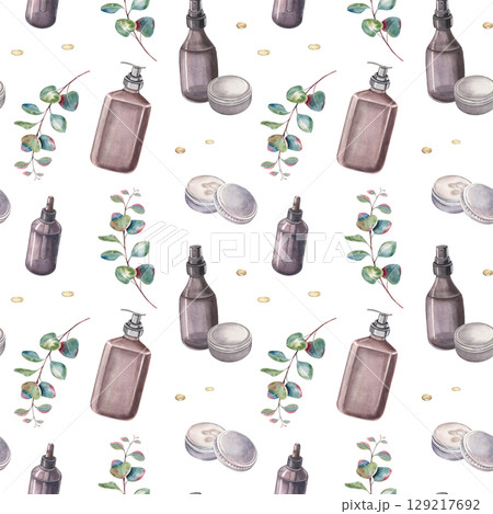 Seamless pattern, spray, oil vial and drops, dispenser, tin jar, eucalyptus. Hand-painted watercolor of hair, skin care products isolated on white for branding, design, printing on packaging, textile Seamless pattern, spray, oil vial and drops, dispenser, tin jar, eucalyptus. Hand-painted watercolor of hair, skin care products isolated on white for branding, design, printing on packaging, textile 129217692