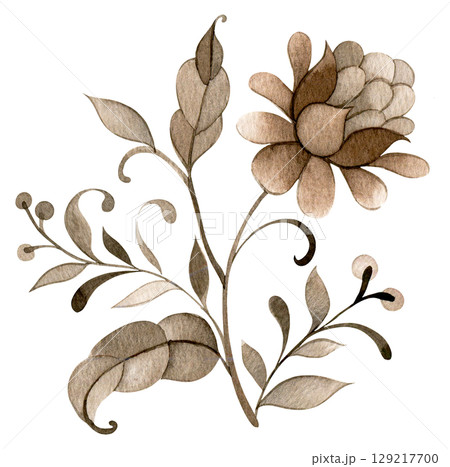 Watercolor bouquet with brown floral ornament in vintage style. Watercolor bouquet with brown floral ornament in vintage style. 129217700