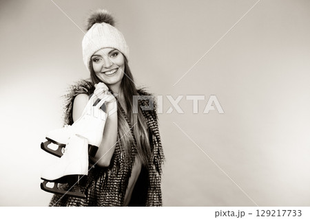 Black and white photo with happy lady. 129217733