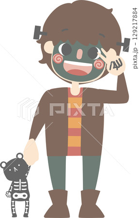 happy halloween holiday festival with character set of  boys wearing frankenstein costume, flat jpg illustration cartoon character design 129217884