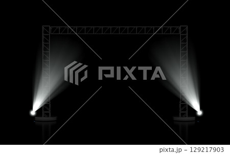 Two powerful spotlights on a professional stage truss system illuminate a dark, reflective background, creating a dramatic and empty illuminated space for events, product showcases, or presentations. Two powerful spotlights on a professional stage truss system illuminate a dark, reflective background, creating a dramatic and empty illuminated space for events, product showcases, or presentations. 129217903