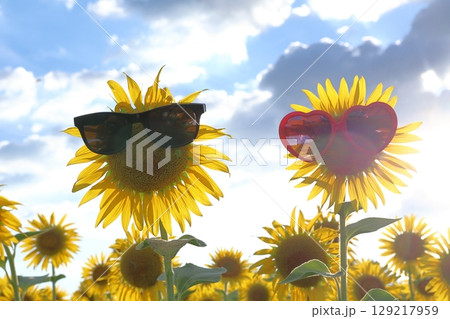 ひまわり畑のカップル 129217959