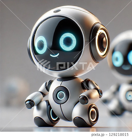 ヘッドセットを装着したオレンジ色のロボットが手を広げている 129218015