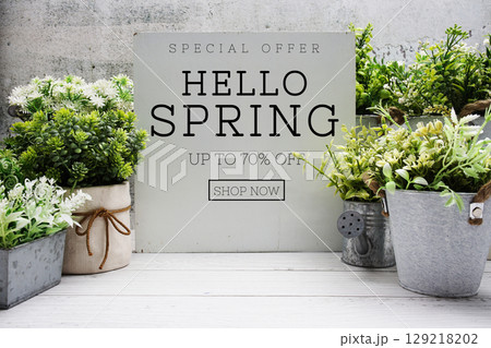 Hello Spring Sale 70% off Promotion Offer Discount Retail Shopping Concept 129218202