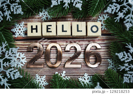 Hello 2026 Happy new year  holidays celebration with christmas decorations background 129218253
