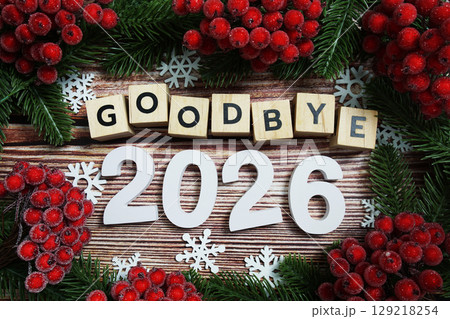 Goodbye 2026 holidays celebration with christmas decorations background 129218254
