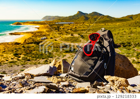 Coast landscape with summer walk equipment, Spain. Coast landscape with summer walk equipment, Spain. 129218333
