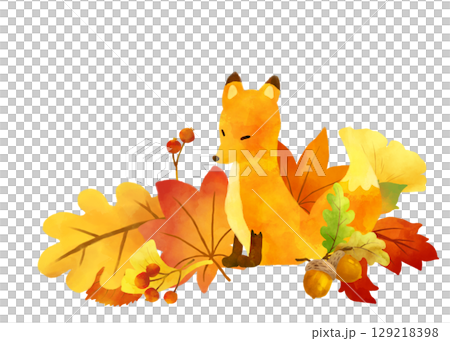 落葉和狐狸的水彩秋季插圖 129218398