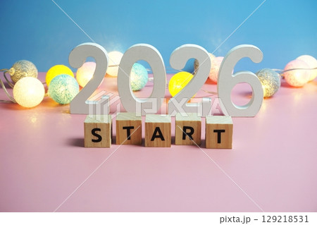 Start 2026 word alphabet letters on pink and blue background 129218531