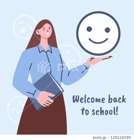 Welcome back to school. Young teacher with book hold happy smile face symbol. Positive education for children and adult, teaching vector concept Welcome back to school. Young teacher with book hold happy smile face symbol. Positive education for children and adult, teaching vector concept 129218599