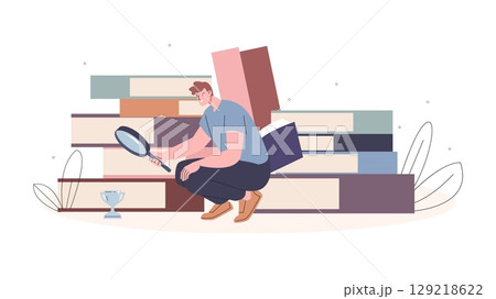 Sad study perspectives. Young man hold magnifying glass and looking on tiny win trophy. Student sitting in pile of giant books, work perspective after university, vector scene Sad study perspectives. Young man hold magnifying glass and looking on tiny win trophy. Student sitting in pile of giant books, work perspective after university, vector scene 129218622