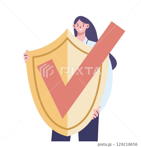Quality control character. Girl hold golden shield with big red check mark. Symbol of passed verification and approval, reliable protection vector concept Quality control character. Girl hold golden shield with big red check mark. Symbol of passed verification and approval, reliable protection vector concept 129218656