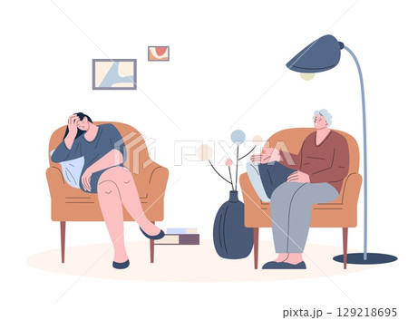 Psychology therapy. Young exhausted and sad girl at session with psychologist. Senior woman talking with daughter or grandchild, vector scene 129218695