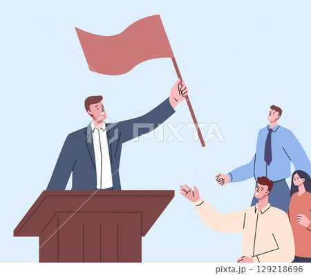 Political or opposition leader with flag and support group. Protest rally, social event, speech from podium. Activists characters vector scene Political or opposition leader with flag and support group. Protest rally, social event, speech from podium. Activists characters vector scene 129218696